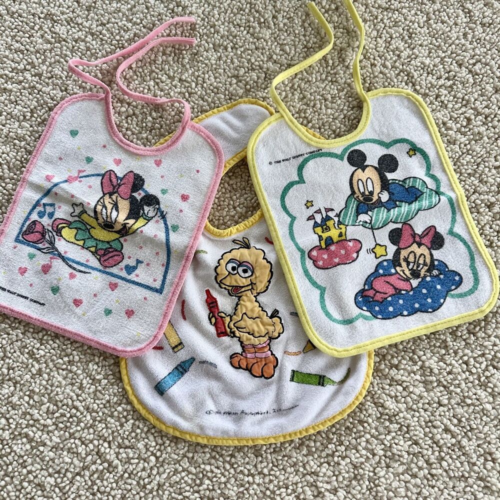 Set of 3 Vintage Disney Big Bird Sesame Street Baby Toddler Bibs Colorful 90s